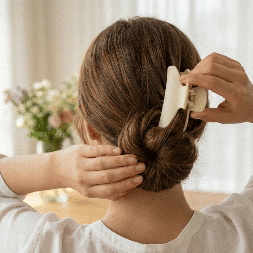 Soft Low Bun Application Moment (Step-in-Action Look)