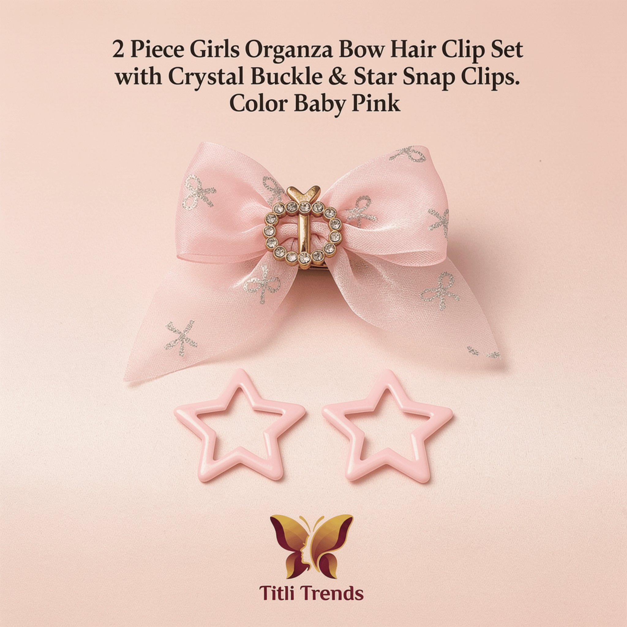 2 Piece Girls Organza Bow Hair Clip Set with Crystal Buckle & Star Snap Clips – Elegant Kids Hair Accessories