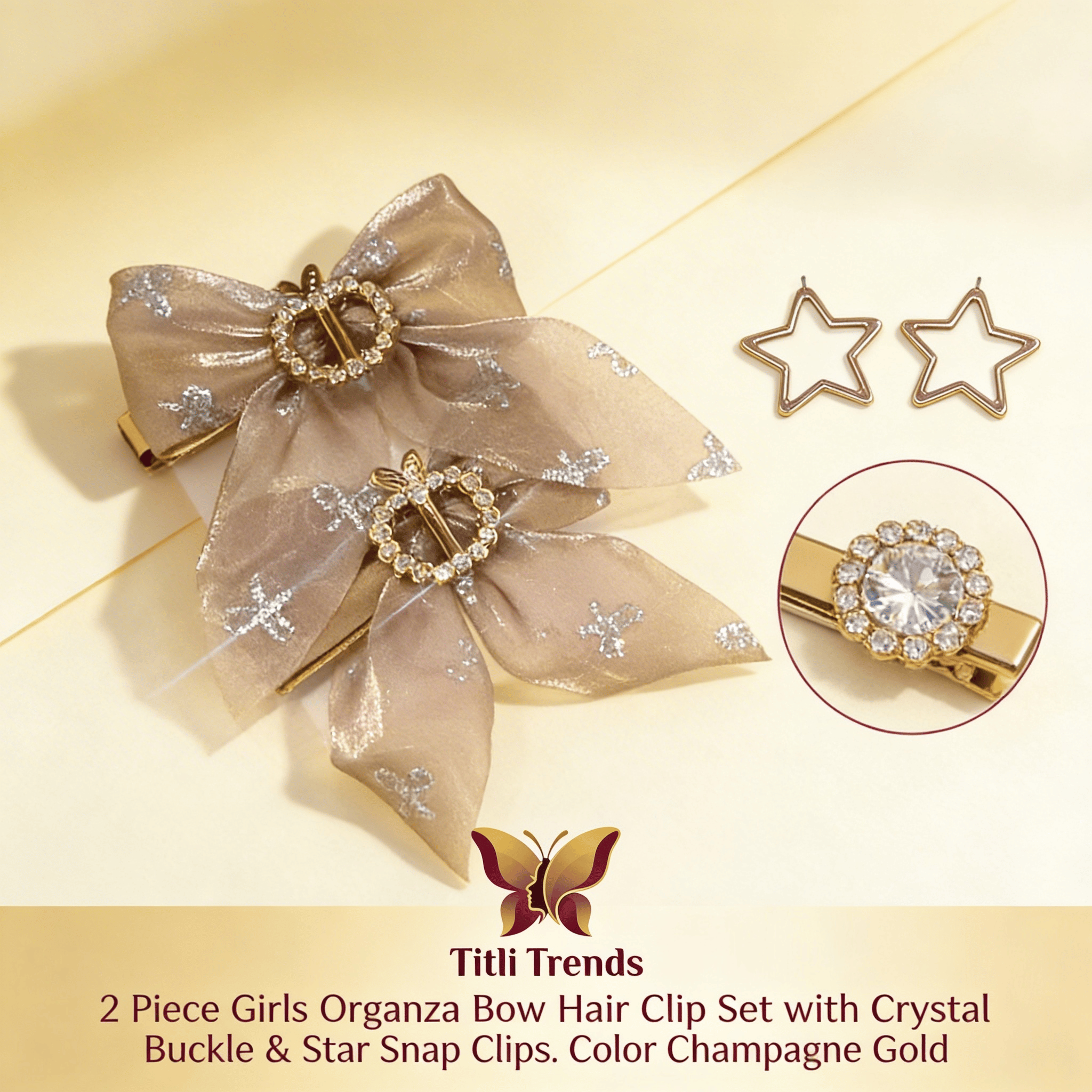 2 Piece Girls Organza Bow Hair Clip Set with Crystal Buckle & Star Snap Clips – Elegant Kids Hair Accessories