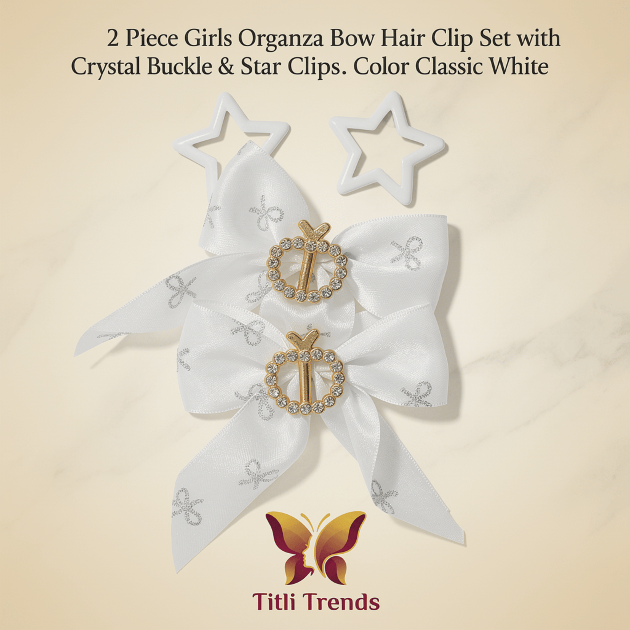 2 Piece Girls Organza Bow Hair Clip Set with Crystal Buckle & Star Snap Clips – Elegant Kids Hair Accessories