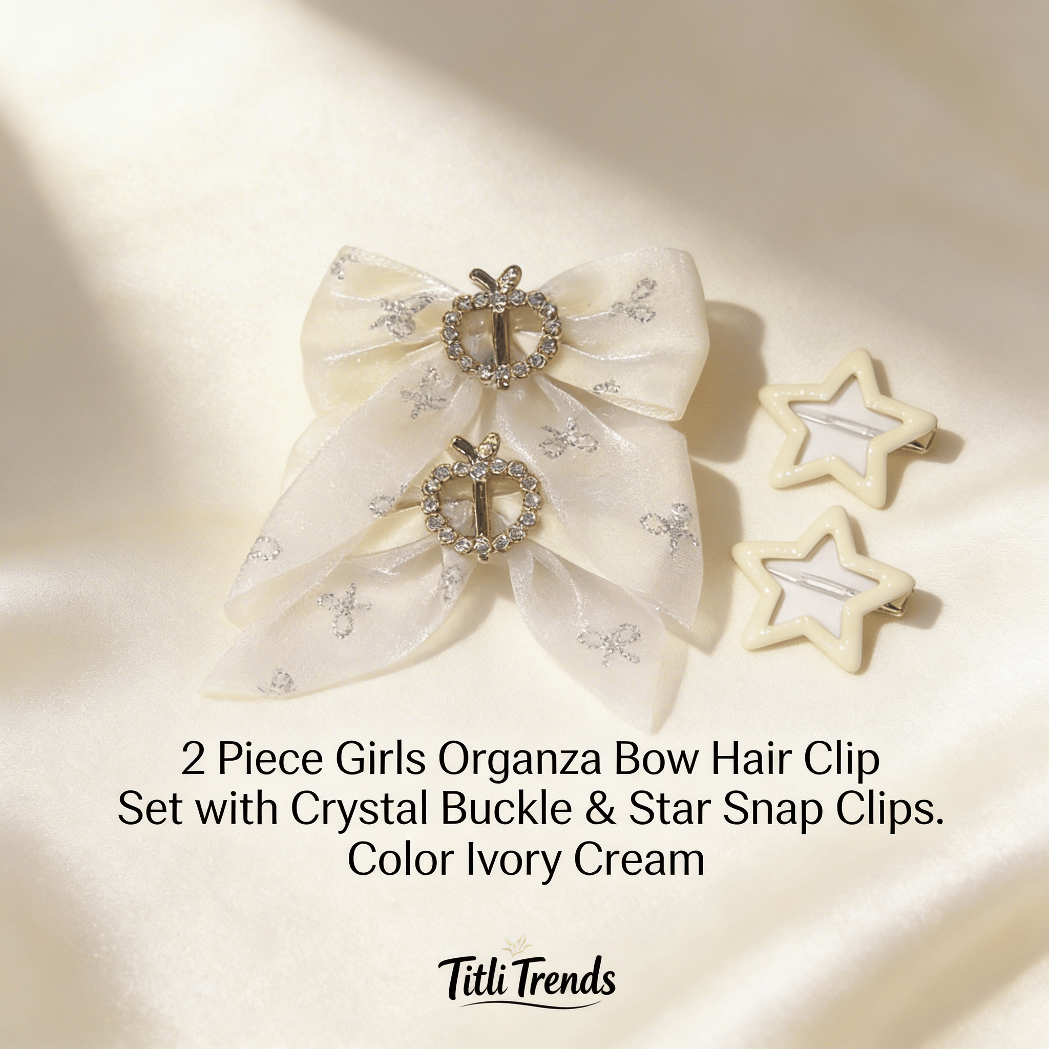 2 Piece Girls Organza Bow Hair Clip Set with Crystal Buckle & Star Snap Clips – Elegant Kids Hair Accessories