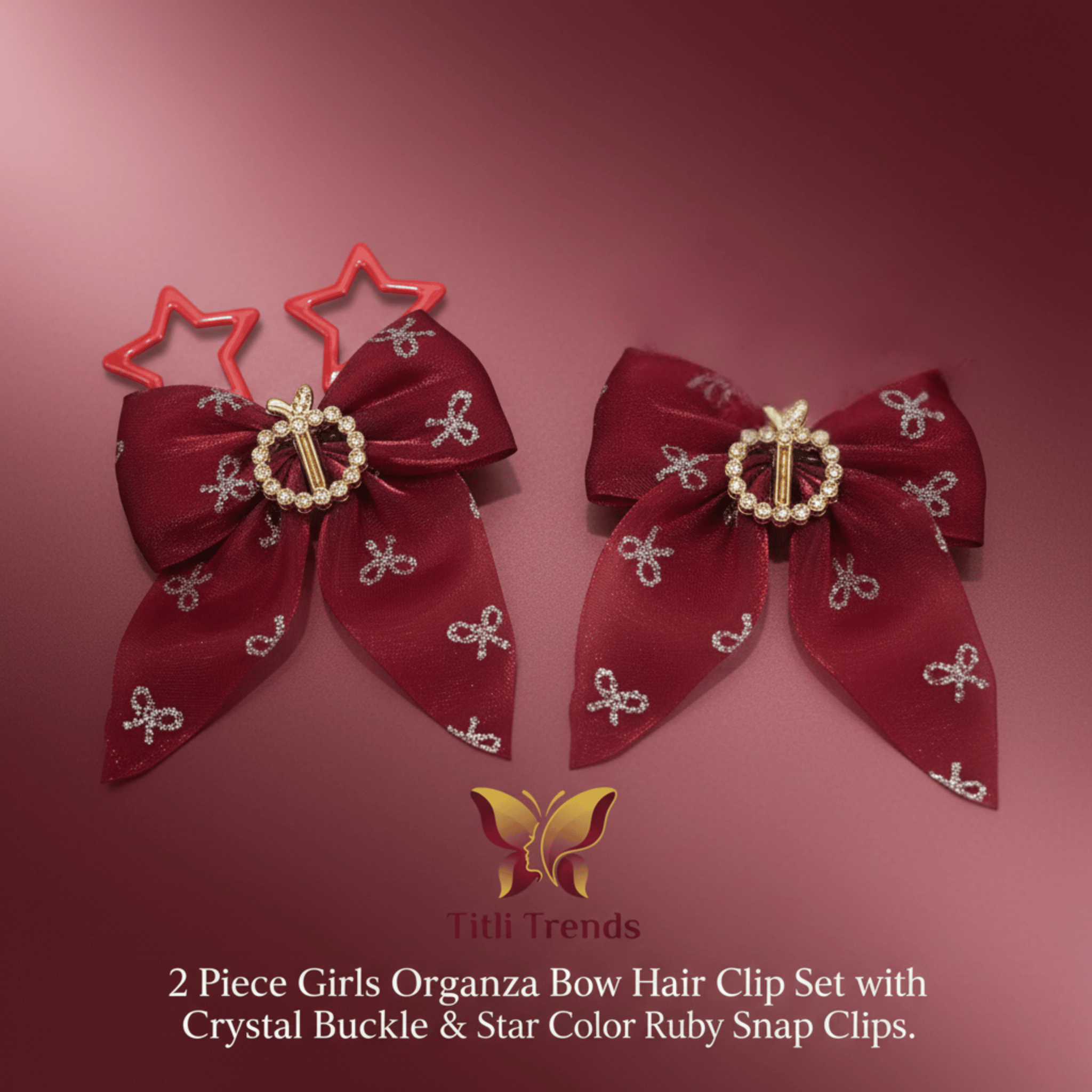 2 Piece Girls Organza Bow Hair Clip Set with Crystal Buckle & Star Snap Clips – Elegant Kids Hair Accessories