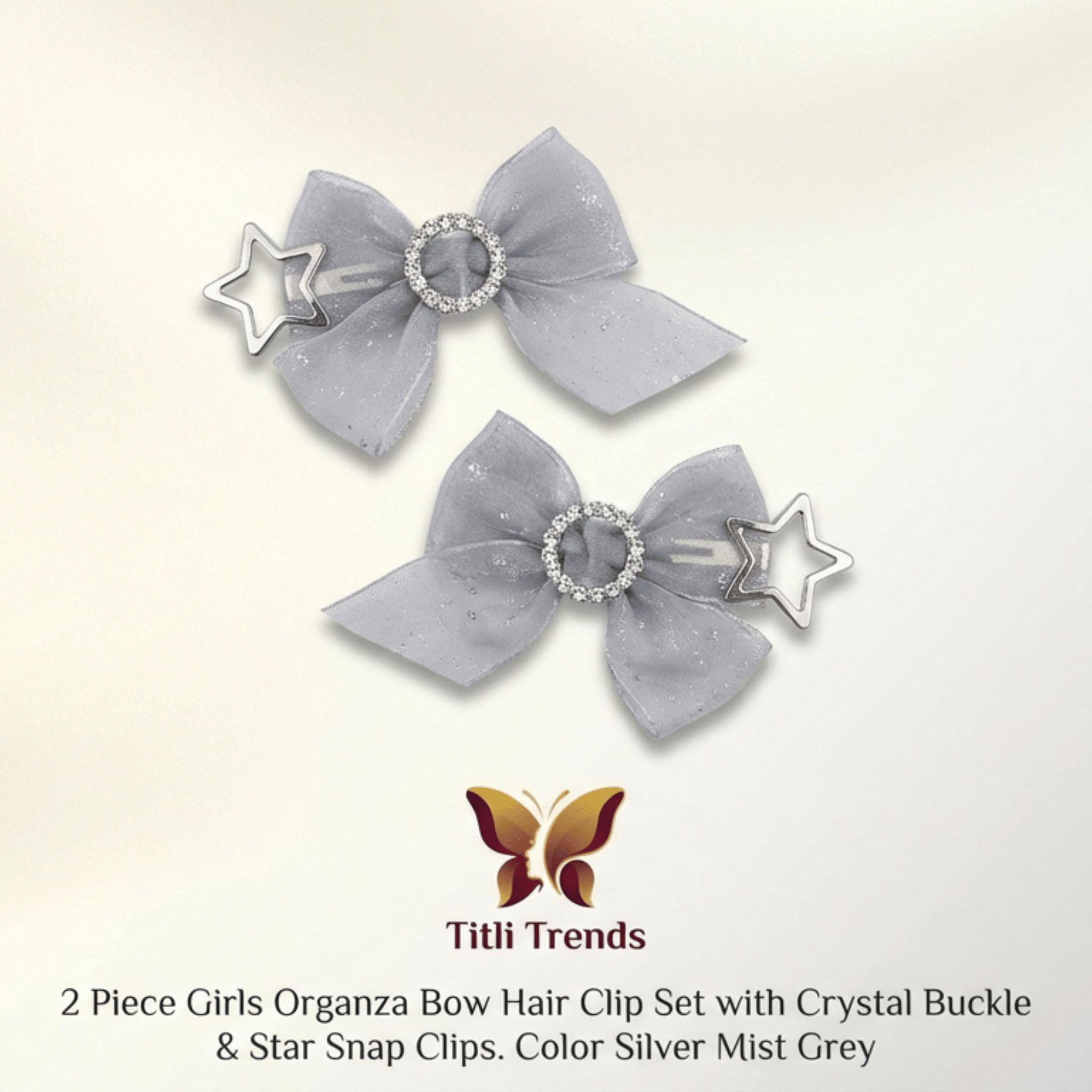 2 Piece Girls Organza Bow Hair Clip Set with Crystal Buckle & Star Snap Clips – Elegant Kids Hair Accessories