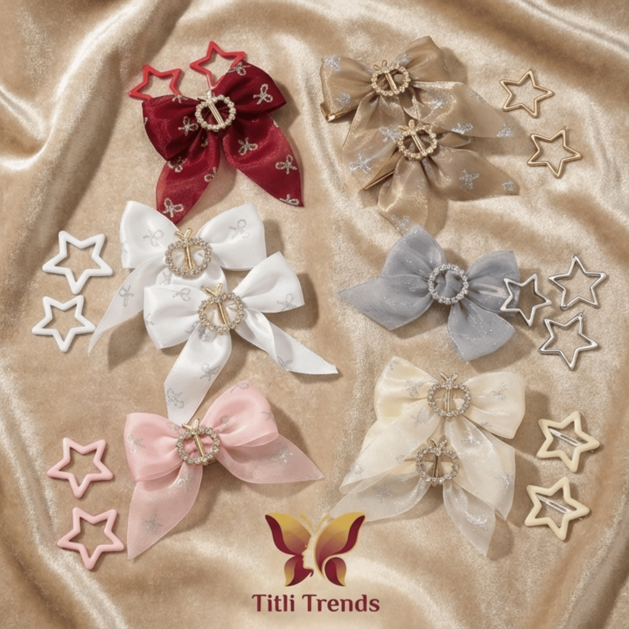 2 Piece Girls Organza Bow Hair Clip Set with Crystal Buckle & Star Snap Clips – Elegant Kids Hair Accessories