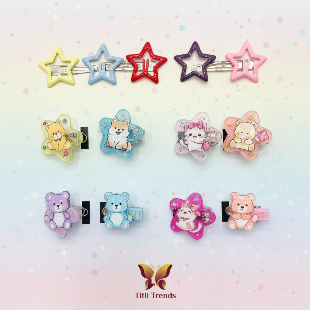 6 Pcs Kawaii Cartoon Star Hair Clips Set | Y2K Aesthetic Snap Barrettes for Girls