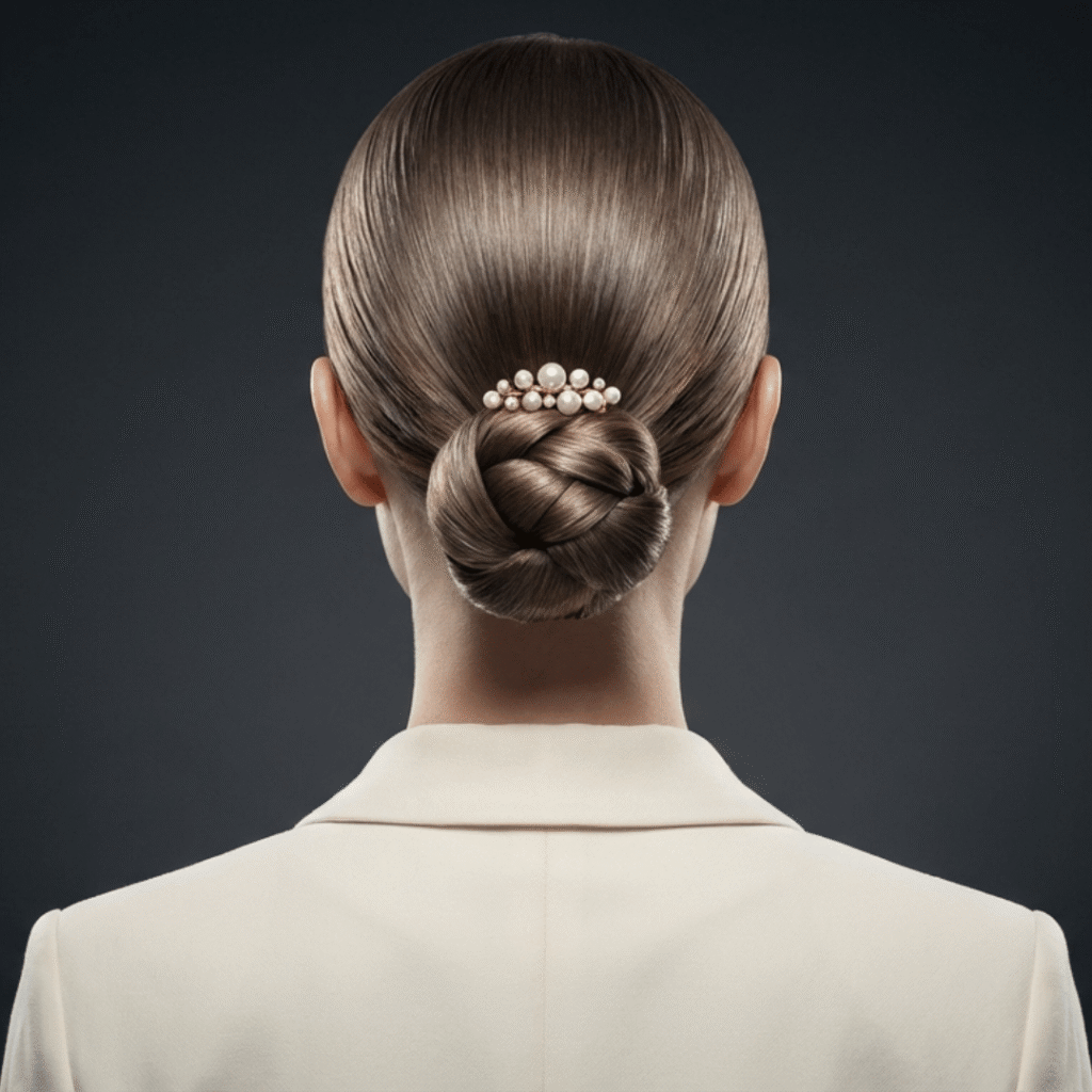 Sleek Low Bun with Pearl Accent (Luxury Dark Editorial)