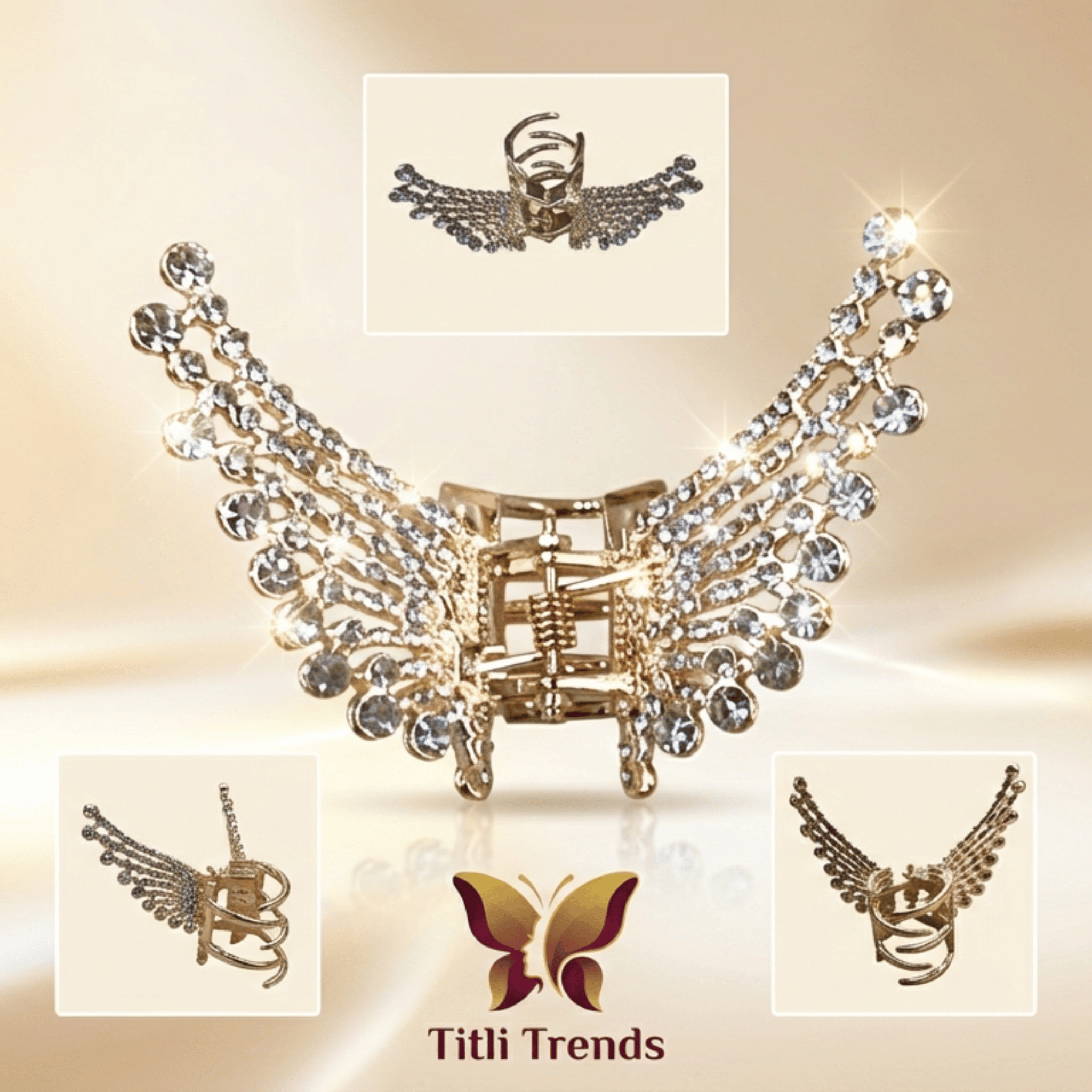 Crystal Wing Luxe Metal Hair Claw Clip Elegant Rhinestone Luxury Hair Accessory for Women & Girls