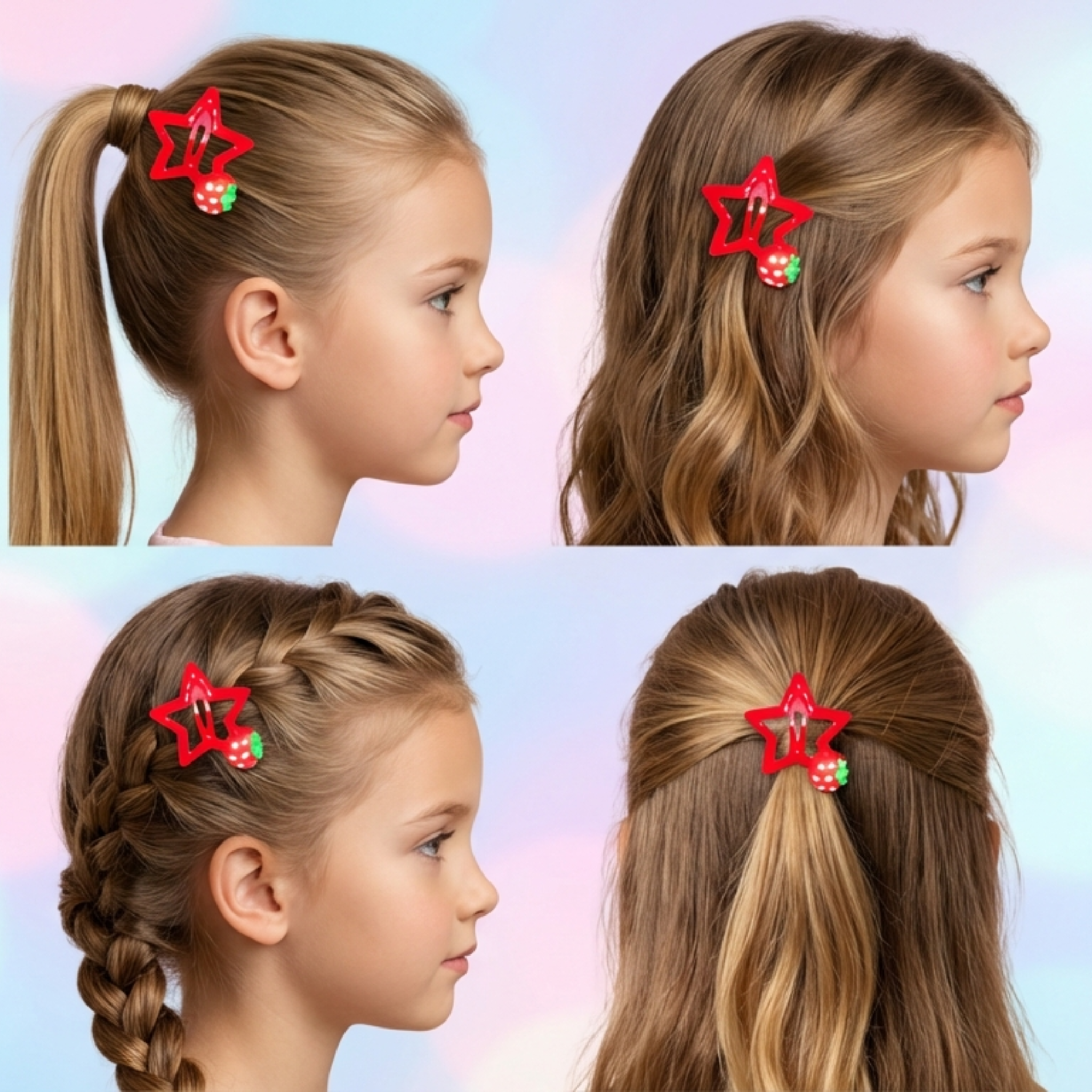 Red Star Strawberry Hair Clips Set – Cute Kids BB Hair Clips (4-Piece Pack) - Image 2